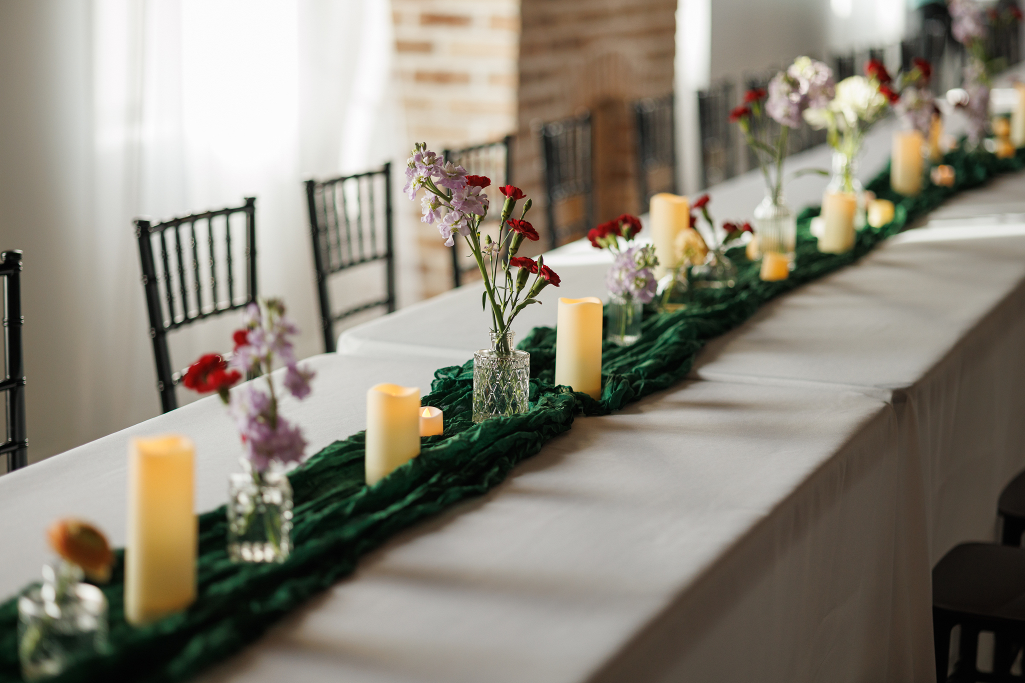 Bridal party table at wedding reception at Haley Station, Escanaba Michigan