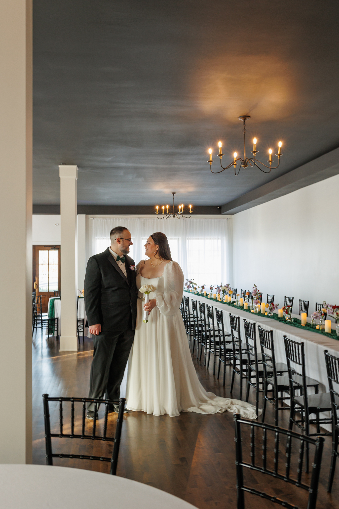 Bride and groom at wedding reception at Haley Station, Escanaba Michigan