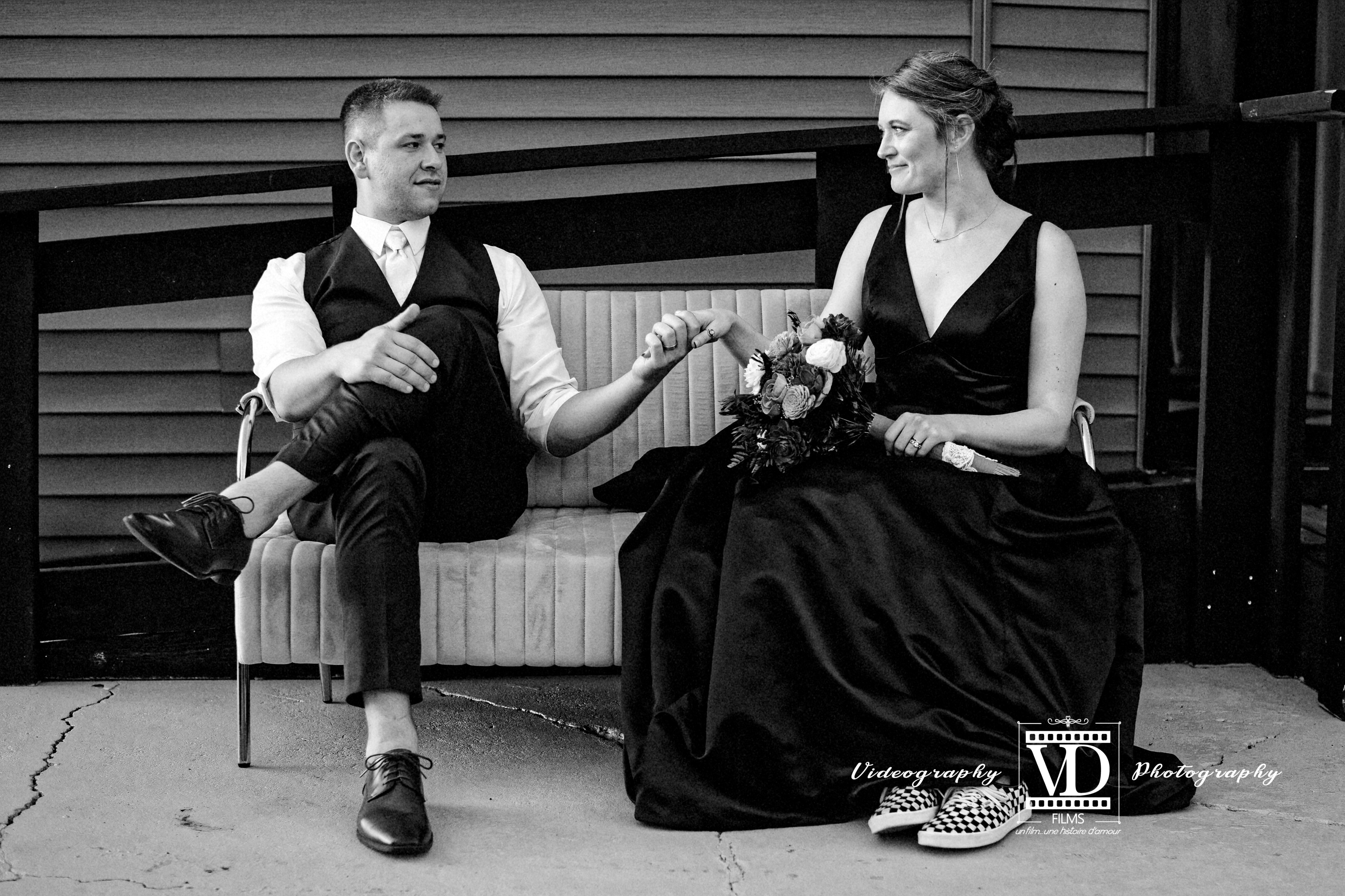 Bride and groom in outdoor courtyard at Haley Station wedding venue