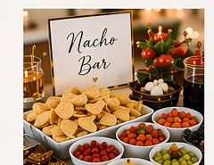 Nacho Bar station with chips, queso and toppings